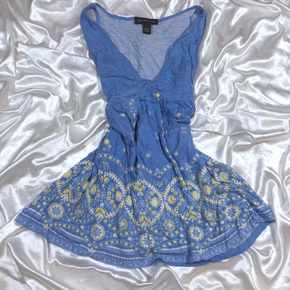 y2k Babydoll Tank Top Blue Excellent Boho Floral Paisley V-Neck Rayon